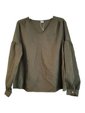 Rosa Fera Olive Green V Neck Balloon Sleeve Blouse Top Earthy Boho Coastal M